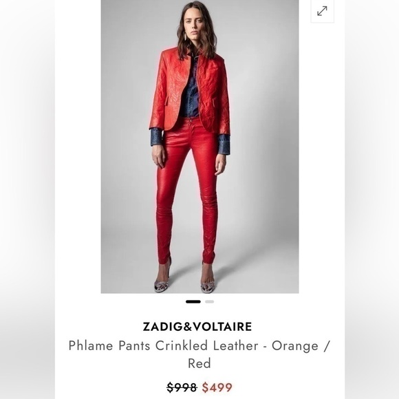 Zadig and Voltaire Phlame Pants Crinkled Leather in Red- Size 36; Like New - Picture 9 of 13